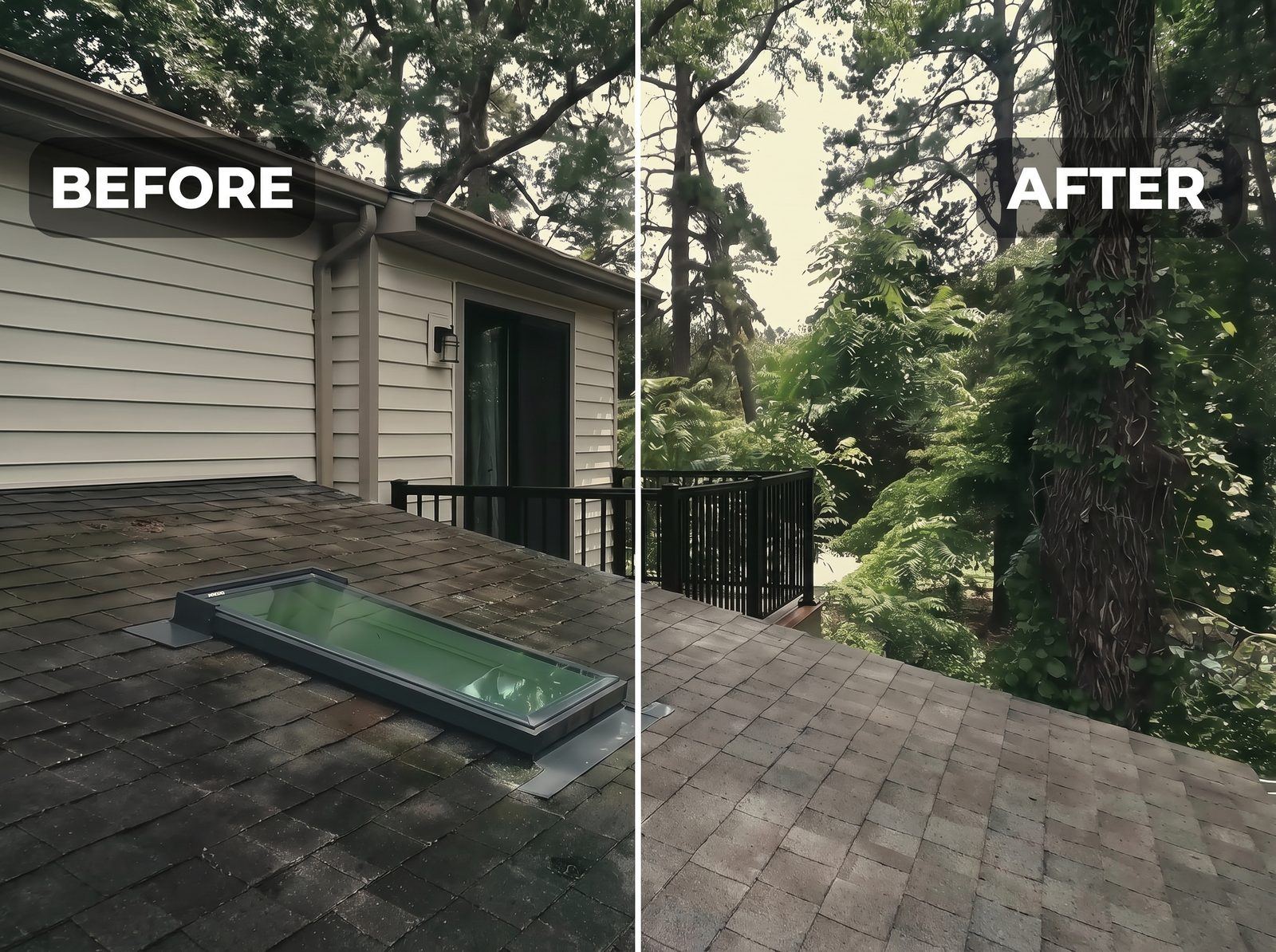 Roof and deck before and after soft washing