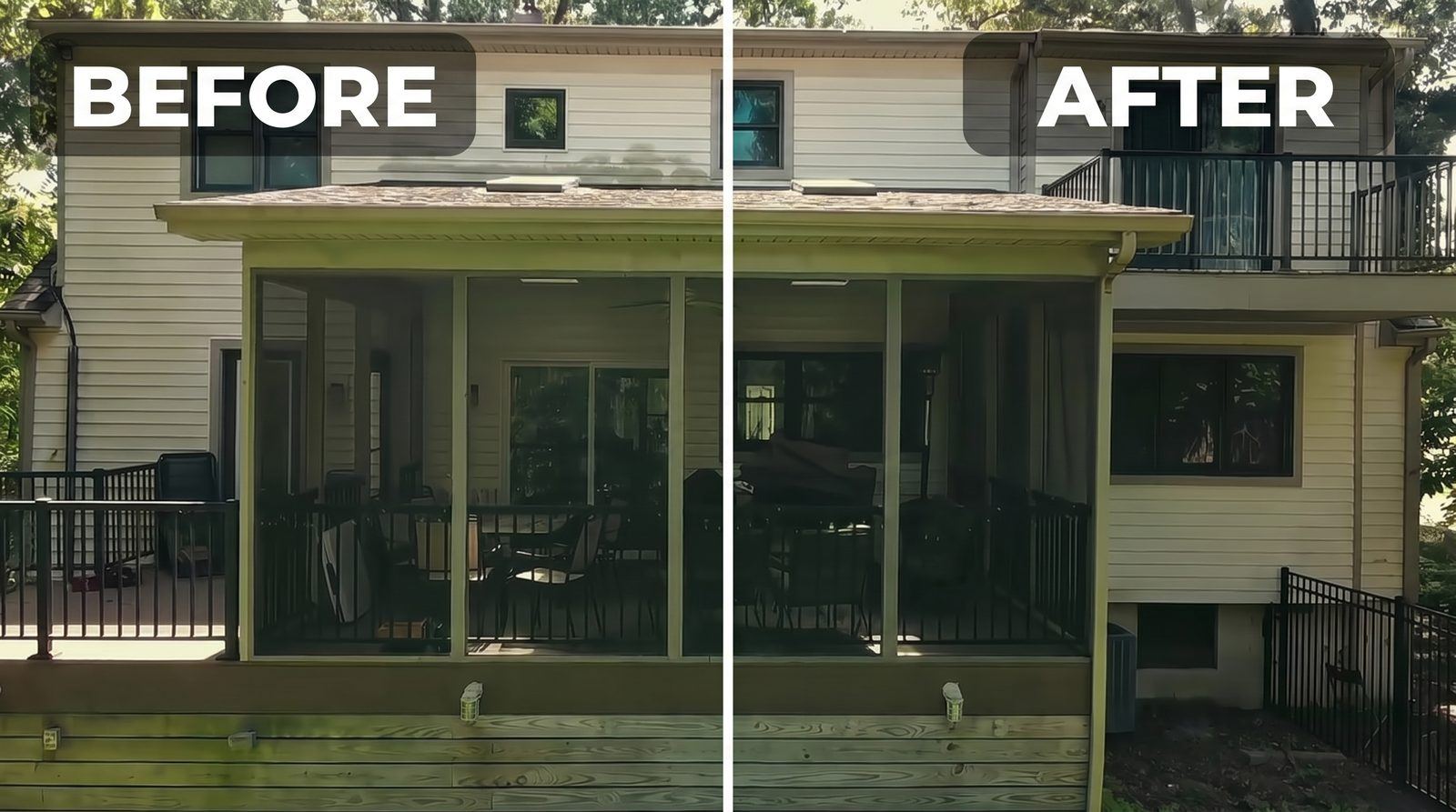 Deck and patio before and after power washing