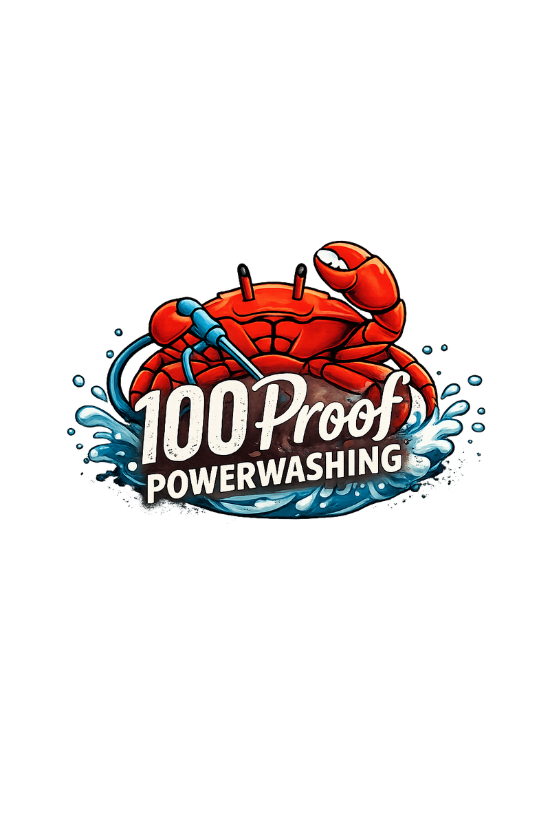 100 Proof Powerwashing logo — crab with pressure washer, Salisbury MD